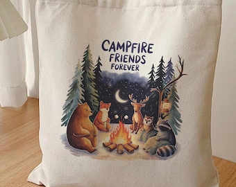 Woodland Animals Cotton Canvas Tote Bag, Campfire Friends Forever