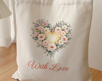 Floral Heart Canvas Tote, Pink Rose Watercolor, Mothers Day Gift