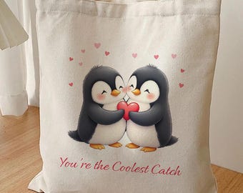 Bolso de lona con diseño de pareja de pingüinos, pájaros enamorados en acuarela para bodas
