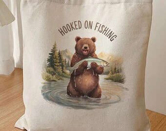 Bear Canvas Tote Bag, Hooked on Fishing Watercolor Cotton