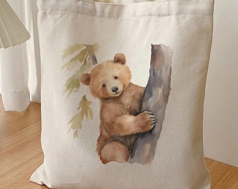 Brown Bear Cub Canvas Tote Bag, Watercolor Wildlife Cottagecore