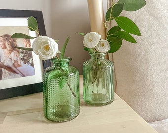 Set Of 2 Green Pressed Glass Bottle Vases Florence - Wedding Centrepieces, Home Decor, Housewarming Gift, new Home Gift