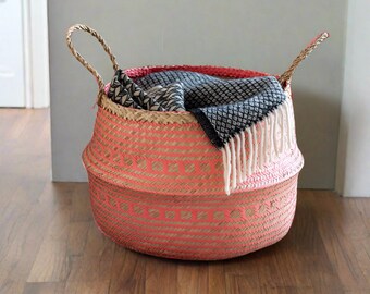 Coral Pink  and Natural Seagrass Belly Basket - House Warming Gifts, Mother's Day Gifts, Home Decor