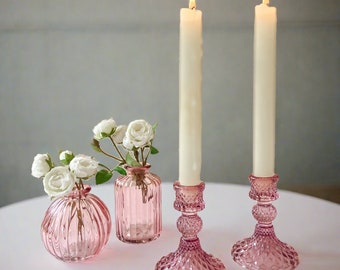 Pink Pressed Glass Candlestick - Wedding Decorations, Pink Wedding Centrepieces, Home Decor, Gifts