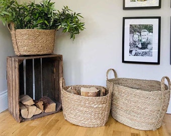 Handwoven Seagrass Plant Baskets or Storage Baskets with Handles Oval (3 sizes) Natural Scandi Home, Mothers Day Gift, New Home Gift