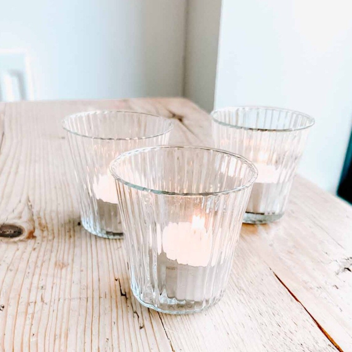 Clear Glass Tea Light Holder Ribbed Design Wedding Candle Etsy UK