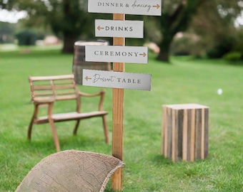 Wedding Directional Sign Post - Wooden Wedding Sign with Arrows, Dinner, Dancing, Drinks, Ceremony, Dessert Table