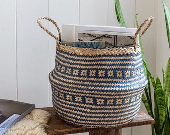 Navy and Natural Seagrass Belly Basket (2 sizes) - House Warming Gifts, Mother's Day Gifts, Home Decor