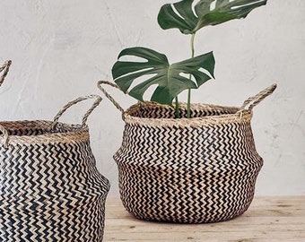 Black and Natural Zig Zag Seagrass Belly Basket - House Warming Gifts, Mother's Day Gifts, Home Decor