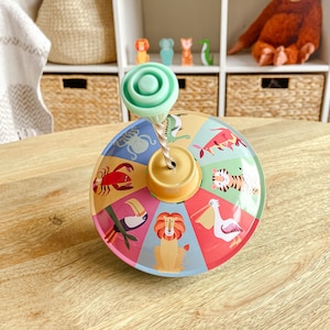 Traditional Spinning Top Toy - Bright Animals Design with Gift Box. Classic Toddler Gifts. Colourful Animals - Birthday Children's Gifts