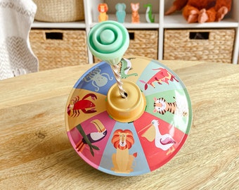 Traditional Spinning Top Toy - Bright Animals Design with Gift Box. Classic Toddler Gifts. Colourful Animals - Birthday Children's Gifts