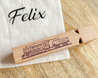 Wooden Train Whistle in Personalised Gift Bag - Traditional Children's Toy for Train Lovers,  Fun Stocking Filler