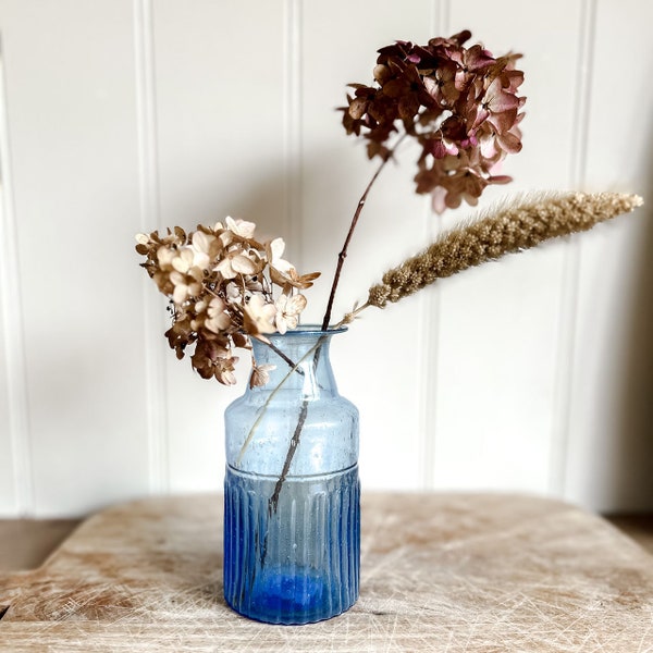 Blue Recycled Glass Bottle Vase 13cm Ribbed - Home Decor Gift Idea