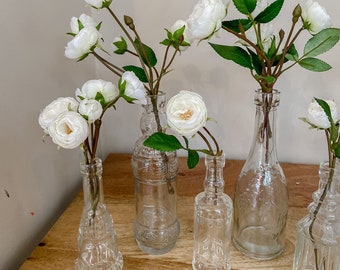 6 x Glass Bottles With Cork Stoppers, Wedding Vases, Centrepiece Decorations, Rustic, Summer Weddings