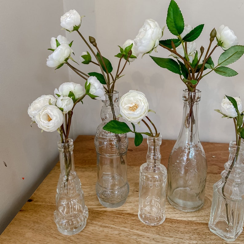 6 x Glass Bottles With Cork Stoppers, Wedding Vases, Centrepiece Decorations, Rustic, Summer Weddings image 1