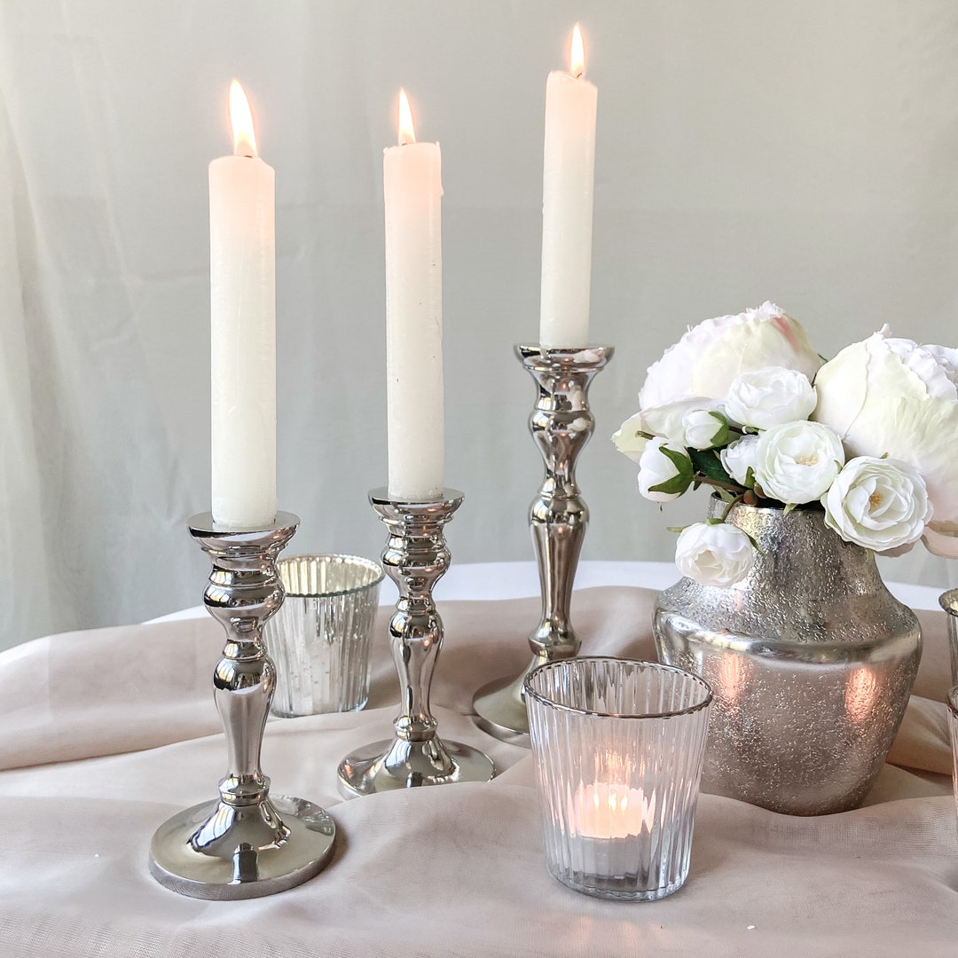 Silver Candlestick Holders Set of 2 Wedding Table Decorations, Silver