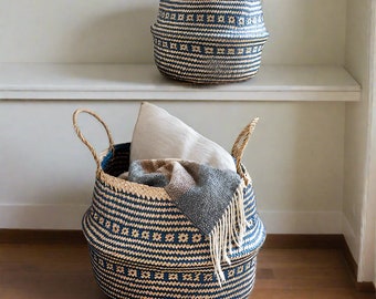 Navy and Natural Seagrass Belly Basket (2 sizes) - House Warming Gifts, Mother's Day Gifts, Home Decor