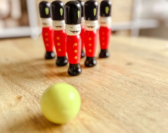 Wooden Toy Soldier Skittles in Personalised Gift Bag - 3 Year Olds Up , Educational Toy, Birthday Present, London Gifts, Traditional Gifts,