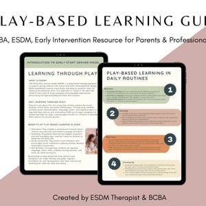 May include: A guide to play-based learning for parents and professionals. The guide includes information on the Early Start Denver Model (ESDM) and how to incorporate play-based learning into daily routines. The guide is created by an ESDM Therapist and BCBA.