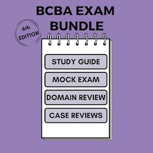 Könnte beinhalten: Ein weißes Spiralnotizbuch mit dem Text "BCBA EXAM BUNDLE" und "6th EDITION" auf lila Hintergrund. Das Notizbuch hat Etiketten für "STUDY GUIDE", "MOCK EXAM", "DOMAIN REVIEW" und "CASE REVIEWS".