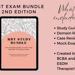 Puede incluir: Una tableta digital que muestra un gráfico rosa y blanco con el texto "RBT Study Bundle 6th Edition Guide to Help You Master the BCBA Exam" y "Created by Heather Ifft, BCBA, ESOM Certified Therapist". El texto "What's included?" está escrito en cursiva negra sobre un fondo rosa. Se proporciona una lista de materiales de estudio: Guía de estudio, Revisión de dominio, Revisión de casos, Examen simulado, Creado por BCBA y ESDM Therapist!