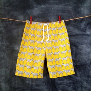 Beach Safari Shorts, Zebra Surfer Shorts, Yellow with Black & White Zebras, 100% Cotton, Back Pockets, Faux Drawstring Cord, Toddler Size 2 image 1