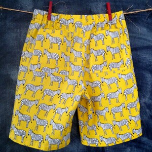 Beach Safari Shorts, Zebra Surfer Shorts, Yellow with Black & White Zebras, 100% Cotton, Back Pockets, Faux Drawstring Cord, Toddler Size 2 image 4