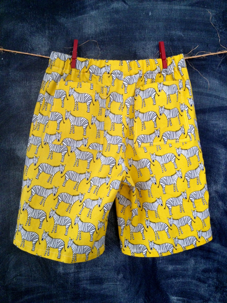 Beach Safari Shorts, Zebra Surfer Shorts, Yellow with Black & White Zebras, 100% Cotton, Back Pockets, Faux Drawstring Cord, Toddler Size 2 image 4