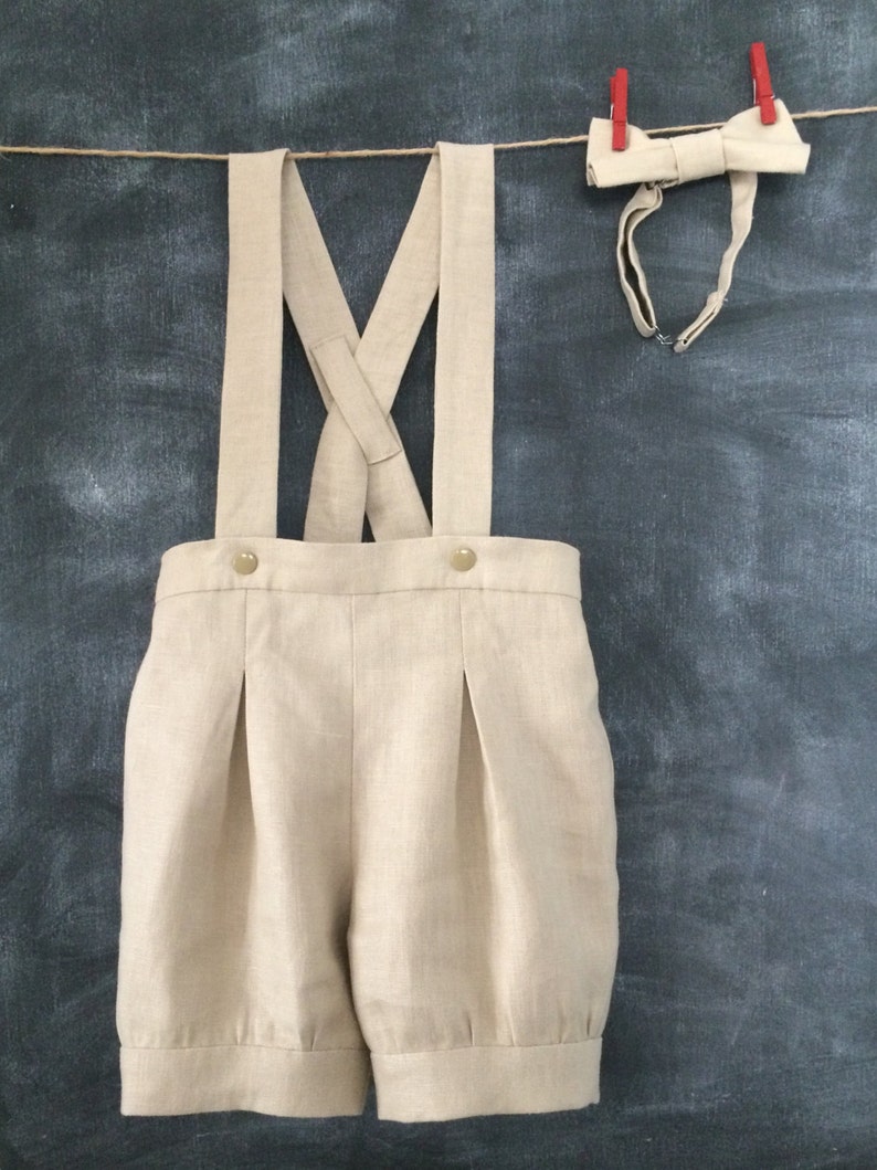 Pleated Linen Baby Shorts With Suspenders & Matching Bow Tie | Etsy