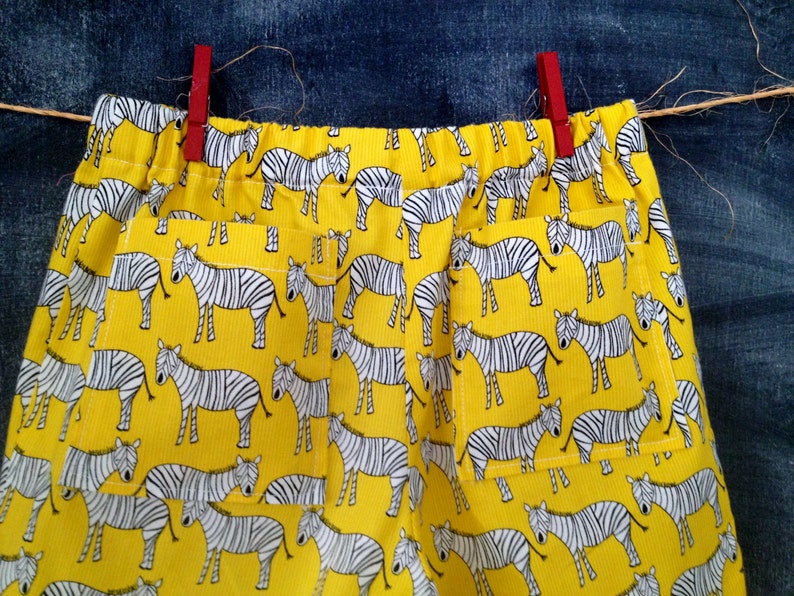 Beach Safari Shorts, Zebra Surfer Shorts, Yellow with Black & White Zebras, 100% Cotton, Back Pockets, Faux Drawstring Cord, Toddler Size 2 image 3