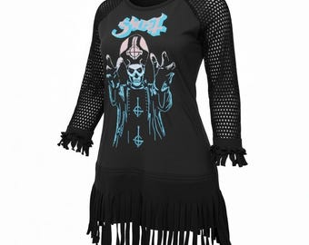 Ghost Band Dress, Papa Emeritus II Ombre, Fringed Fishnet Sleeves, rock apparel, alternative clothing