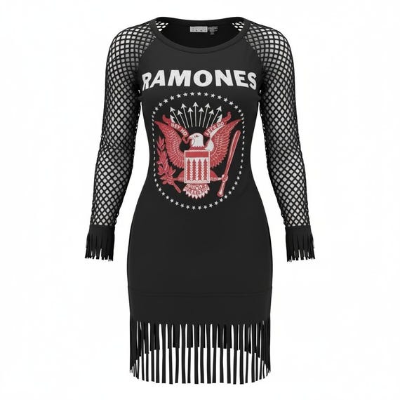 Ramones Band Merch Dress, Fishnet Sleeves, Fringed Punk Apparel