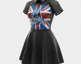Upcycled Def Leppard Skater Dress, Fishnet Sleeves, Band Tee
