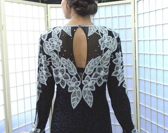 ON SALE Exquisite 80's Beaded Black Dress . Vintage Silk Wiggle LBD . Illusion Neckline . Retro Flapper Art Deco . Black White . Jacqueline