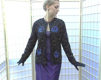 ON SALE Vintage Black Silk Sequin Jacket . 1980's Glamour . Hydrangea Blue Purple Turquoise . Gold Bugle Bead Leaves .  JMC label .