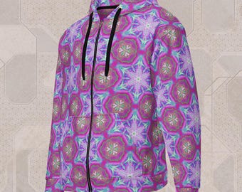May include: A zip-up hoodie with a vibrant, kaleidoscopic pattern in shades of pink, purple, and teal. The jacket features a black zipper and drawstrings, offering a striking visual appeal. The design is symmetrical and eye-catching, perfect for a bold fashion statement.