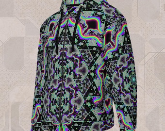 May include: A black zip-up hoodie with a vibrant, psychedelic pattern. The design features geometric shapes, triangles, and swirling lines in shades of purple, green, and rainbow colors. The hoodie has a black zipper and drawstrings.