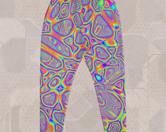 May include: Vibrant, psychedelic-patterned sweatpants. The pants feature a repeating design of colorful, organic shapes in shades of neon green, blue, pink, yellow, and orange. The elastic waistband and cuffs are visible. The overall effect is eye-catching and bold.