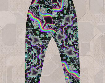 May include: Black sweatpants with a vibrant, psychedelic design. The pattern features geometric shapes, fractal-like elements, and a rainbow gradient. The overall aesthetic is colorful and eye-catching, suitable for casual wear.