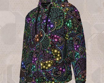 May include: A black zip-up hoodie with a vibrant, psychedelic paisley pattern in shades of purple, green, yellow, and blue. The jacket features a hood with black drawstrings and a full-length zipper.