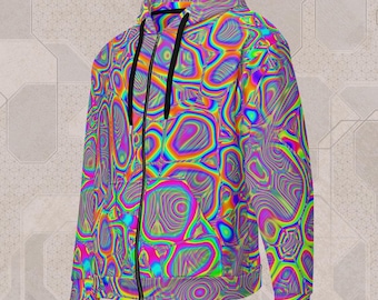 May include: A full-zip hoodie with a vibrant, psychedelic pattern in shades of neon green, pink, orange, blue, and yellow. The jacket has a black zipper and drawstring, and a hood. The design features swirling, organic shapes.