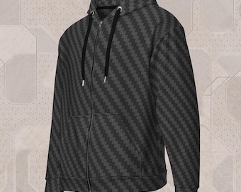May include: A black zip-up hoodie with a repeating geometric pattern. The hoodie features a drawstring hood, a full-length zipper, and two front pockets. The fabric has a subtle texture, and the overall design is modern and versatile.
