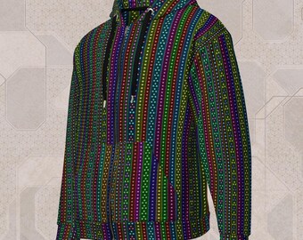 May include: A hooded sweatshirt with a vibrant, striped pattern in shades of green, blue, purple, and red. The design features vertical stripes with small, evenly spaced dots. The hoodie has a front pocket and black drawstrings.