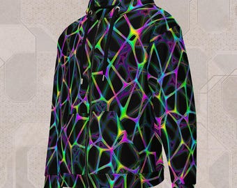 May include: Black zip-up hoodie with a vibrant, geometric pattern in neon colors. The design features interconnected lines in shades of green, yellow, purple, and blue against a black background. The hoodie has a hood and a front zipper.