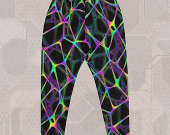May include: Black joggers with a vibrant, neon-coloured geometric pattern. The design features interconnected lines in shades of green, yellow, pink, and purple. The joggers have a comfortable fit and are suitable for casual wear.