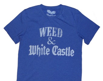 Smoking Weed Stoner Tee -shirt x Weed & White Castle Camiseta estampada con serigrafía hecha a mano Azul / Blanco