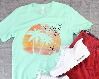 Playa puesta de sol camiseta palmera Malibu camiseta hombres/señoras serigrafía gráfica camiseta Unisex menta verde isla playa camiseta