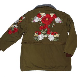 Winter Coat Military Surplus Olive Green Parka with Rose Embroidery x 3/4 Length Custom Designed Military Coat w/ Faux Fur Lining