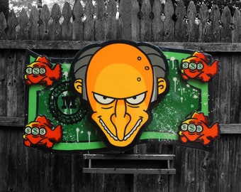 Pintura de pared con recorte de madera de cueva de hombre, colgante de pared con dinero del Sr. Burns con acabado de resina, decoración de bar o mesa de billar, pintura de arte de pared de oficina