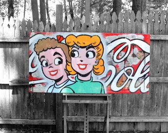 Pintura de arte mural para cocina, comedor y bar, collage de publicidad retro y pintura de personajes, chica pin-up, obra de arte de resina de Coca Cola sobre lienzo de madera
